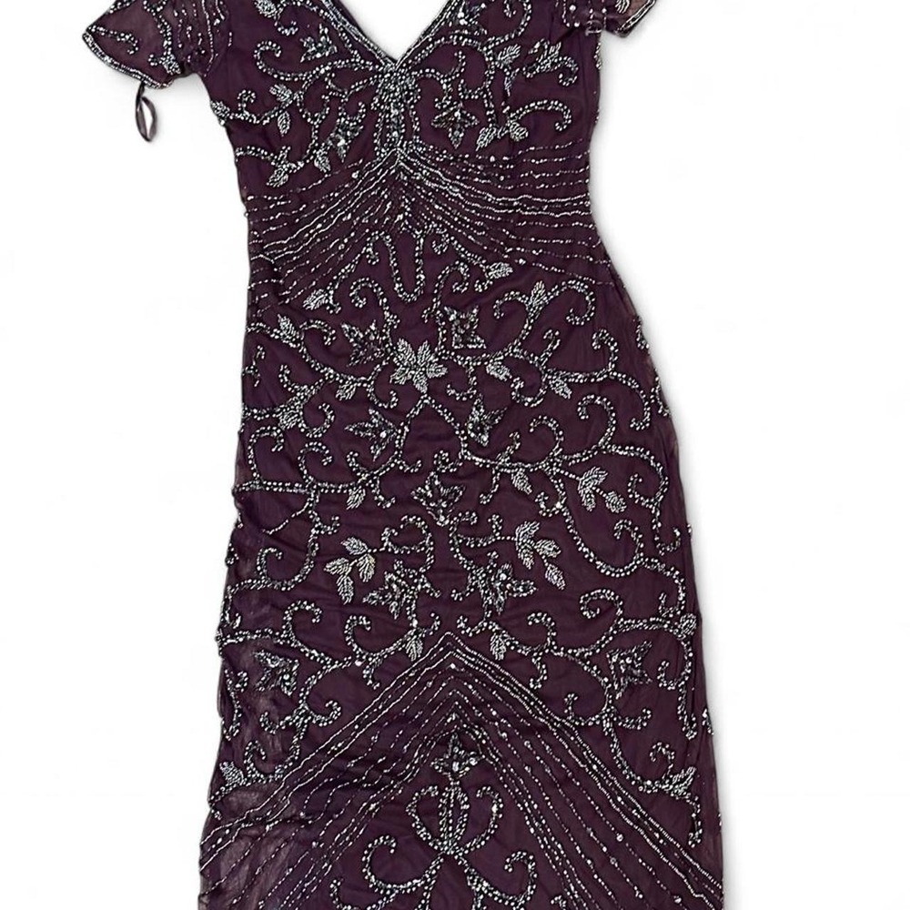 Pisarro Nights Beaded Mesh Column Gown- 100% polyester - purple - Size 6